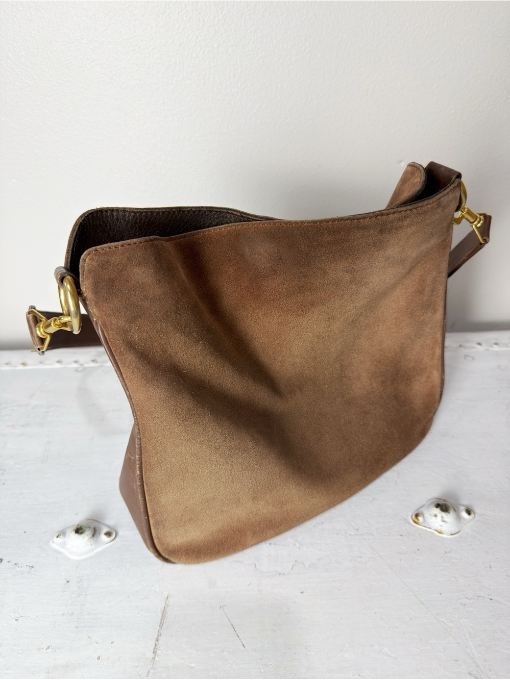 GUCCI Suede 2way Brown Gold Shoulder Bag Vintage Leather - Picture 4 of 15